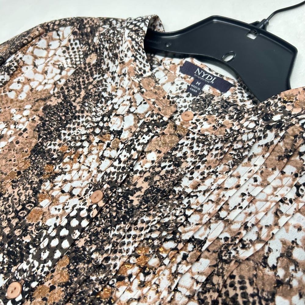 NYDJ Womens Snakeskin Print Metallic Button Down Blouse Smocked Cuff Brown M
